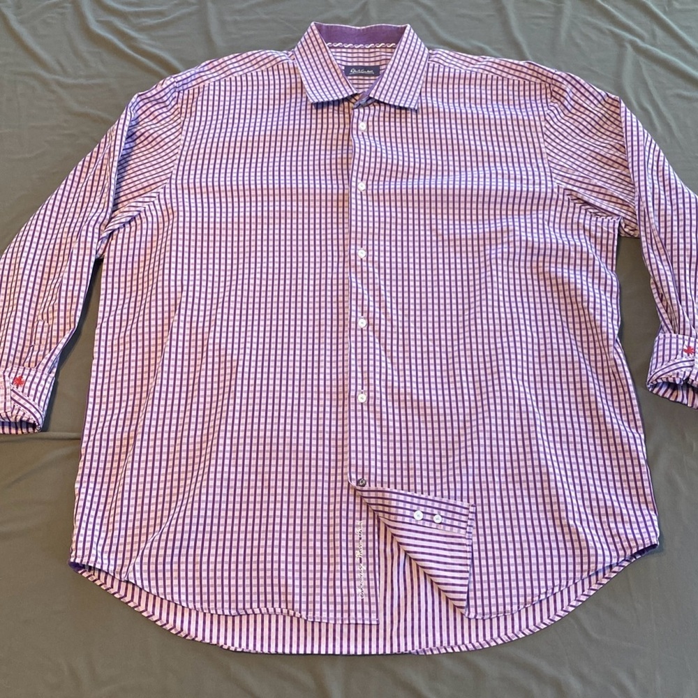 Robert Graham Flip Cuff Mens Button Up Dress Shirt Purple Plaid  3XL Long Sleeve